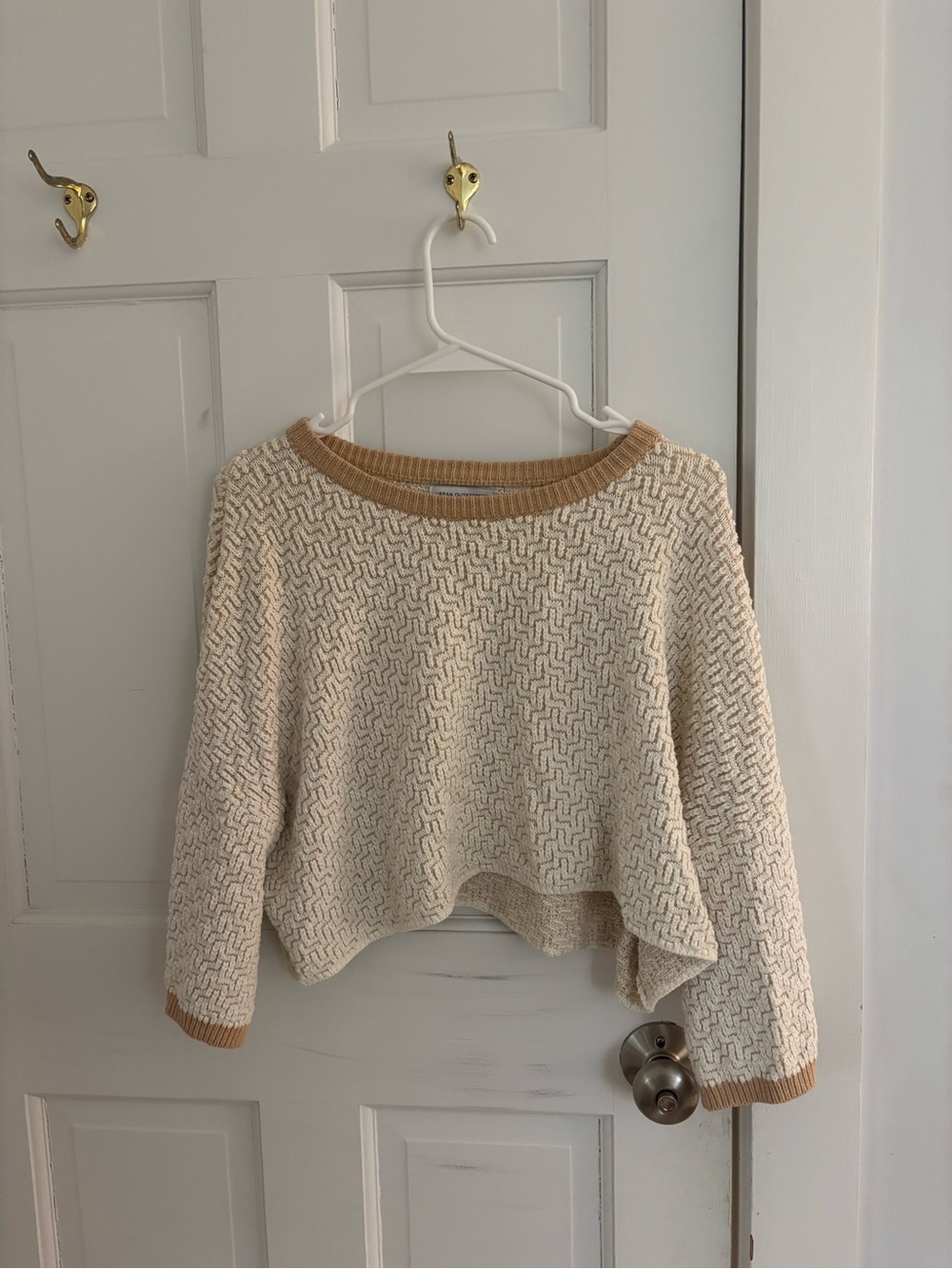 Urban Outfitters Cream Knit Crewneck Sweater with Tan Trim